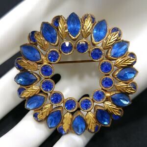 Vintage Cobalt Blue Glass Rhinestone Wreath Brooch, 1940s Pot Metal - 2 Inches